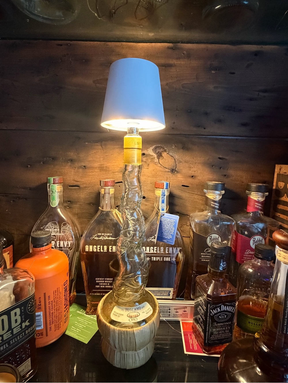 Repurposed wine decanter with usb rechargeable light shade